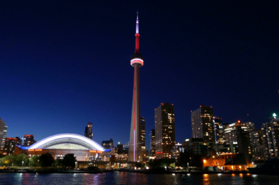 toronto skyline smooth motion night view of downtown toronto canada skyline as seen from a smooth moving pan shot at night vj dkzki  F0000