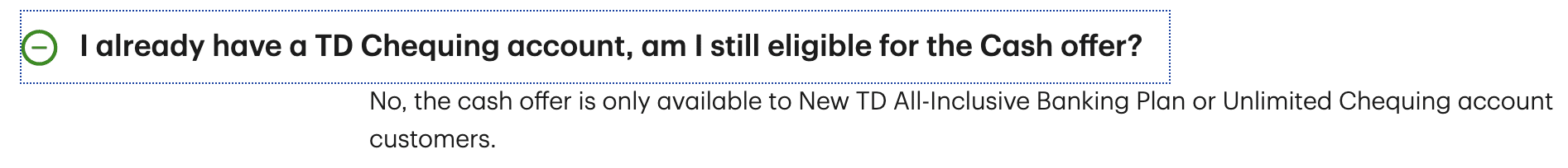 screenshot of FAQ section from TD website