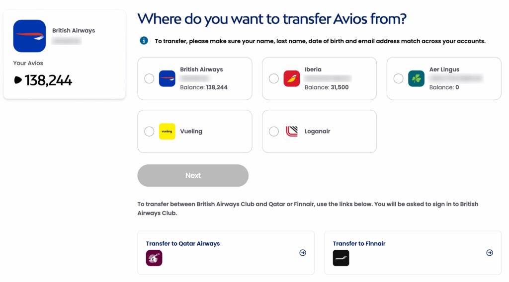 Transfer Avios Screen