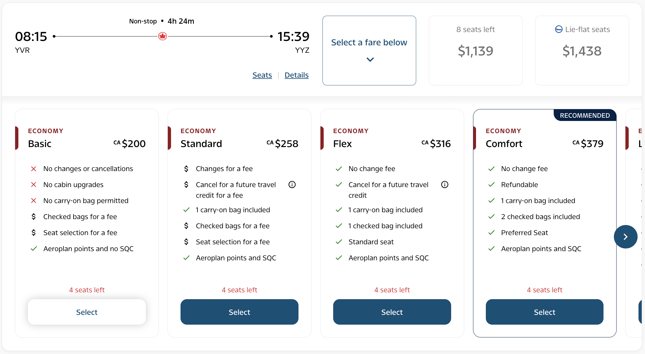 AC Fare YVR YYZ Expanded Results