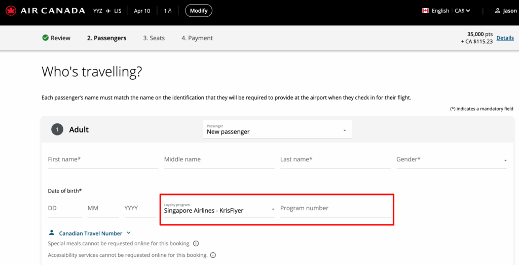 attach KrisFlyer number during booking