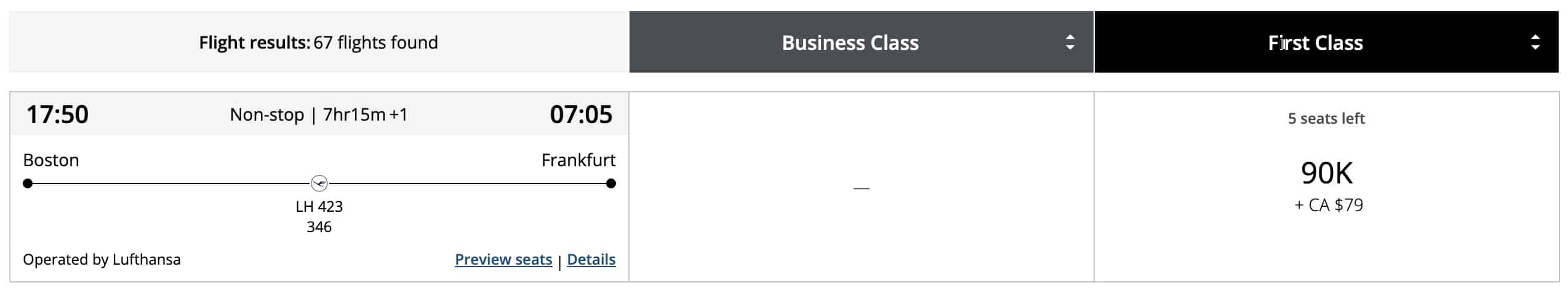 Lufthansa First Class Award Availability