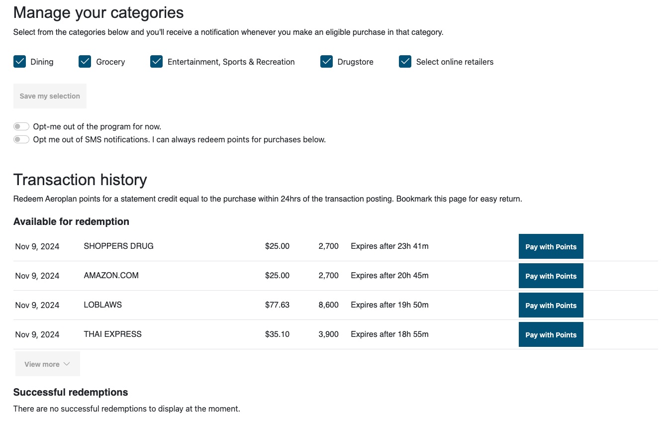 aeroplan pay with points transactions